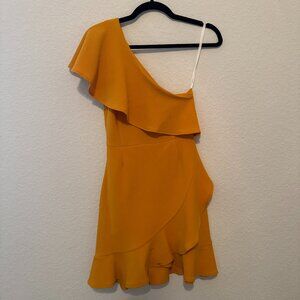 MINKPINK Marigold Yellow One-Shoulder Ruffle Mini Dress, XS